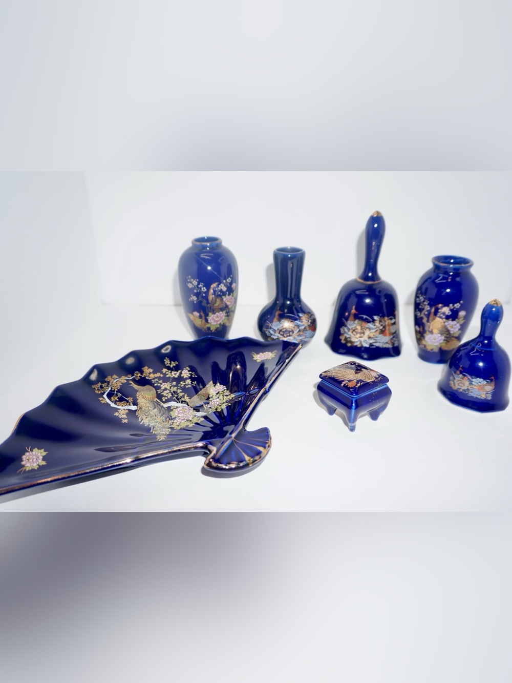 Vintage Japanese Cobalt Blue Peacock Porcelain Vanity Set - 7 Piece Lot